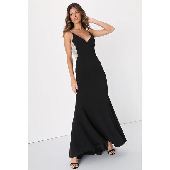 NWOT Lulus True Luxe Black Rhinestone Cutout Sleeveless Maxi Dress Wedding Sz M